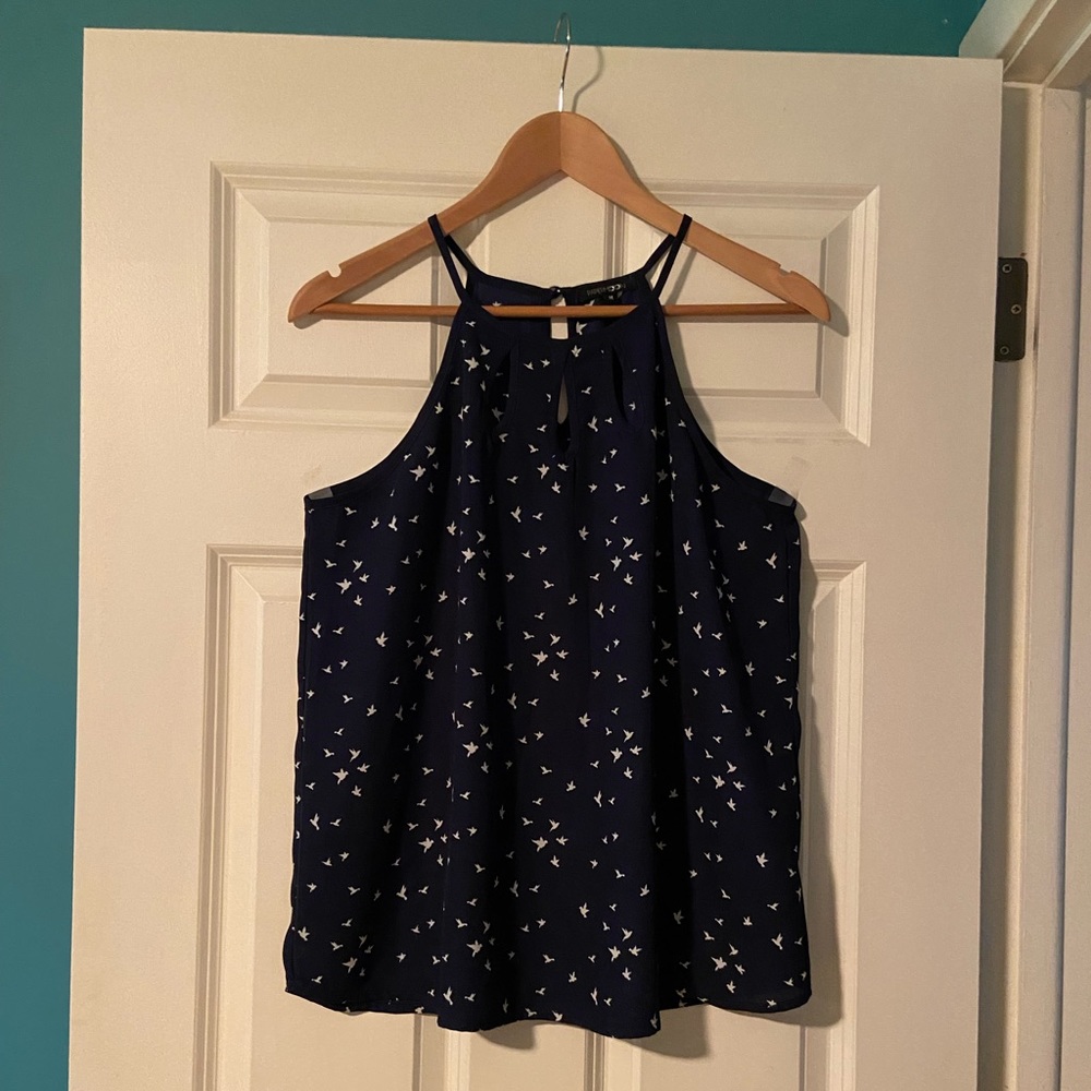 Stich Fix sleeveless top, navy blue with bird print